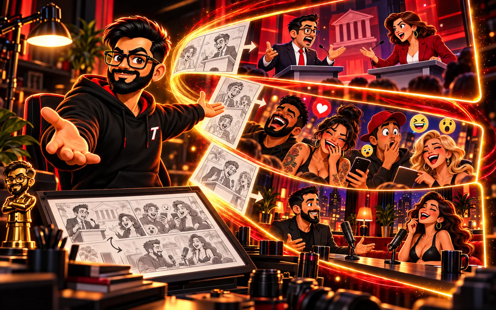 Mascote Turbo IA transformando storyboards em um universo cartunizado