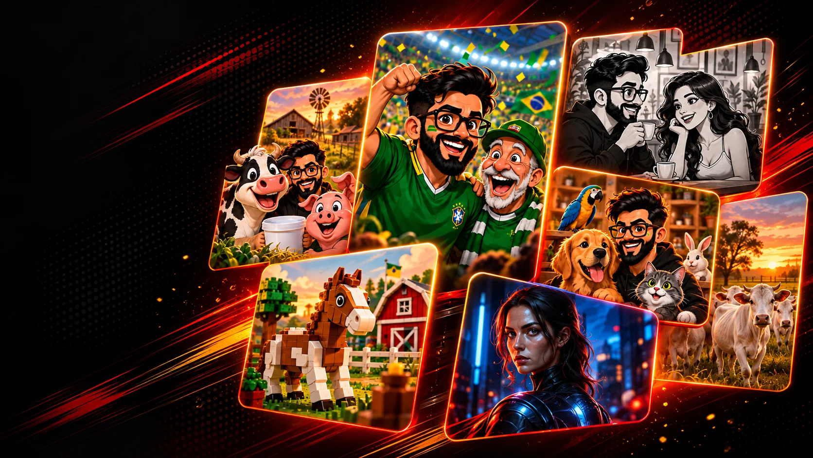 Mosaico de conteúdos Turbo IA com futebol, agro, pets, relacionamentos e entretenimento